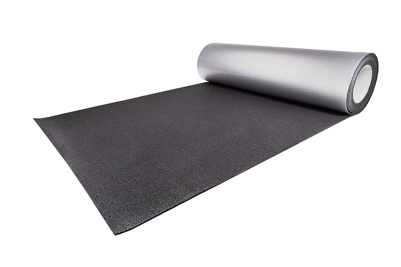 Rolled grey rubber mat with aluminum facing “REGUPOL resist alu” on a white background