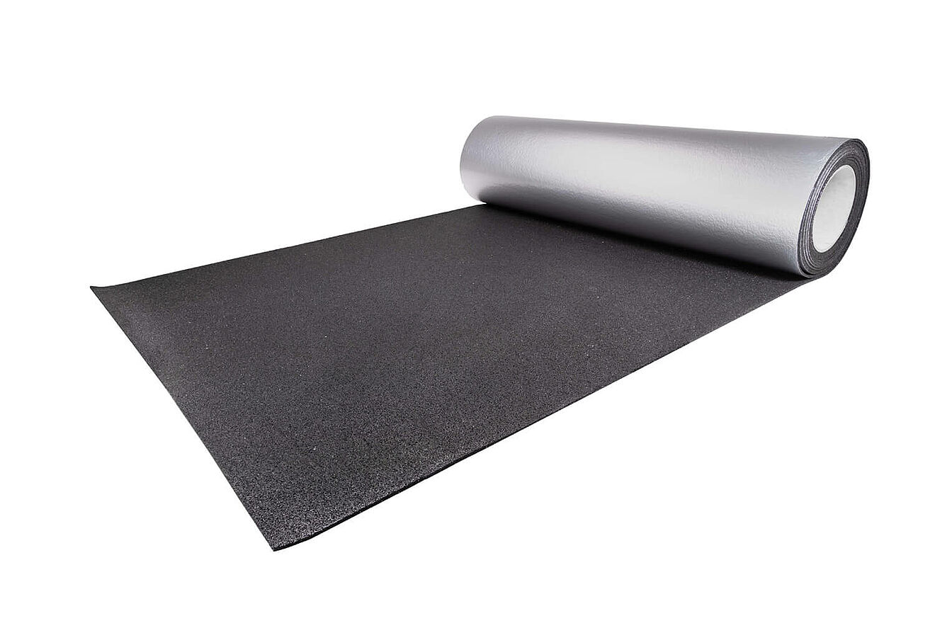 Rolled black terrace mat with aluminum facing “REGUPOL terrace alu” on a white background